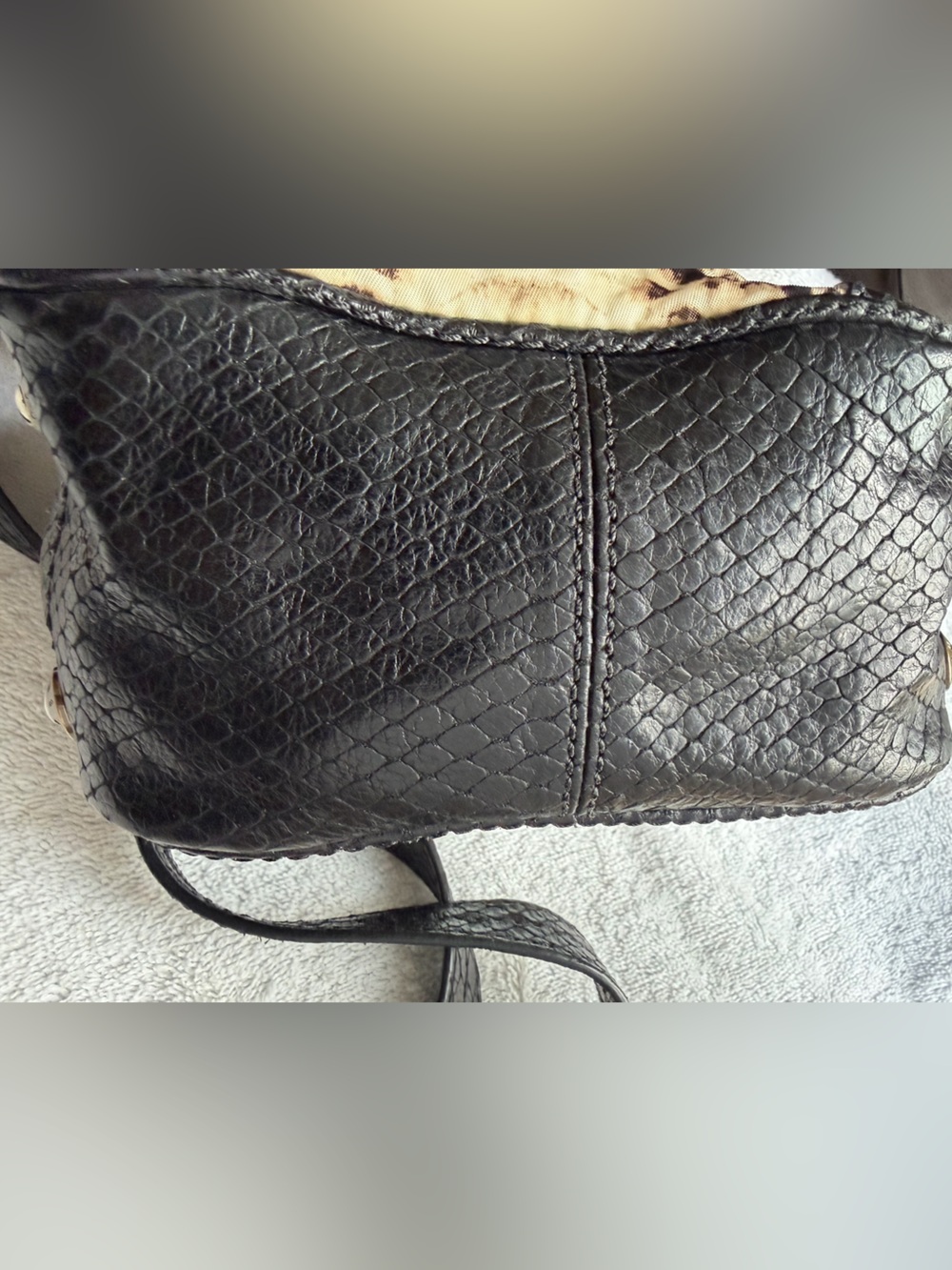 Vintage Henri Bendel Snake-Print Drawstring Crossbody Bag - Black & Beige - Picture 7 of 13